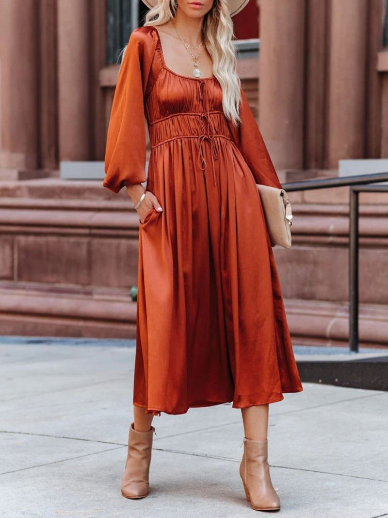 Vestido Maxi Feminino Com Gola Quadrada E Mangas Compridas Laranja Vermelho Até O Chão - Laranja Vermelho