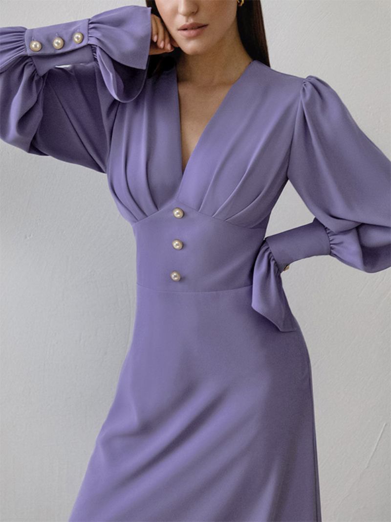 Vestido Midi Chiffon Feminino Com Decote Em V Mangas Lanterna Botões Cor Sólida - Roxo