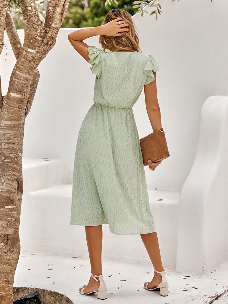 Vestido Midi Feminino Casual Com Decote Em V E Mangas Curtas - Verde Claro 