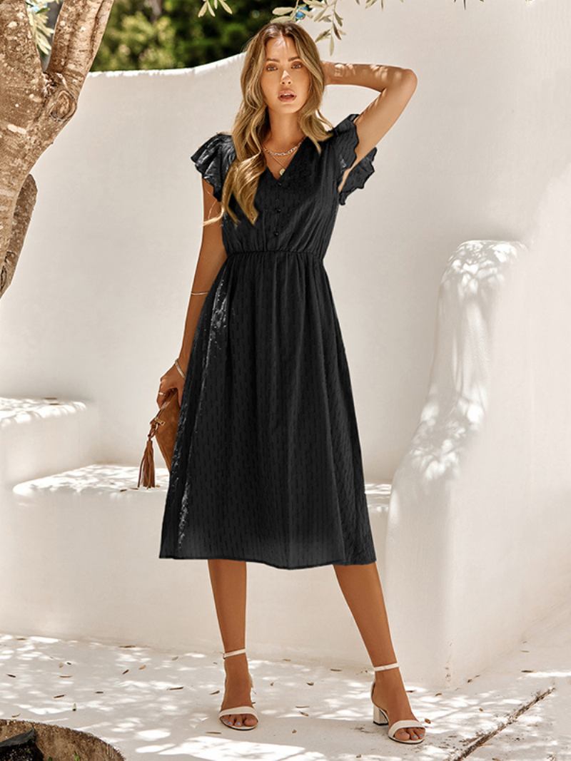 Vestido Midi Feminino Casual Com Decote Em V E Mangas Curtas -  Preto 