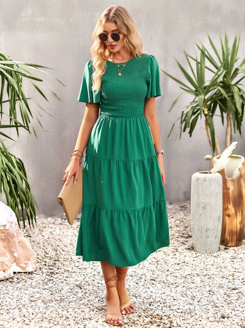 Vestido Midi Feminino Casual Com Gola Joia E Mangas Curtas - Verde