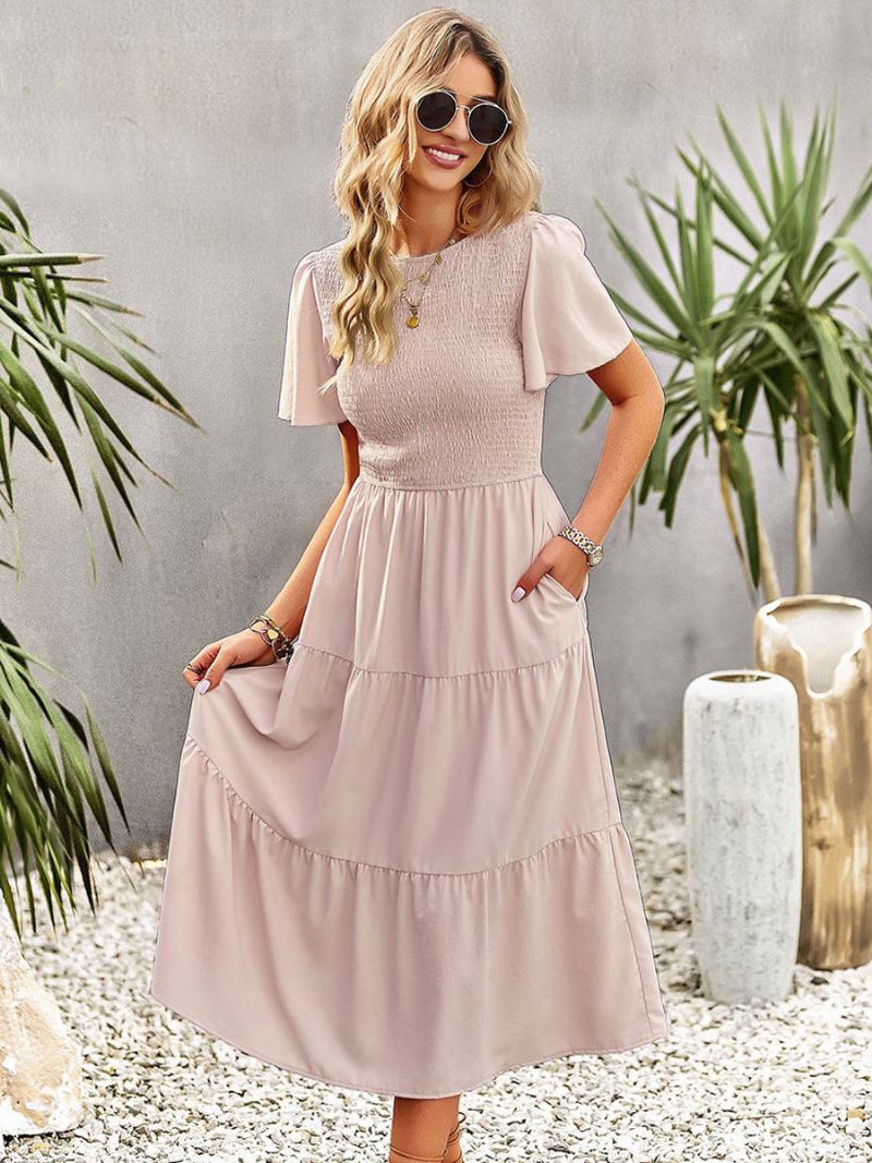 Vestido Midi Feminino Casual Com Gola Joia E Mangas Curtas - Rosa