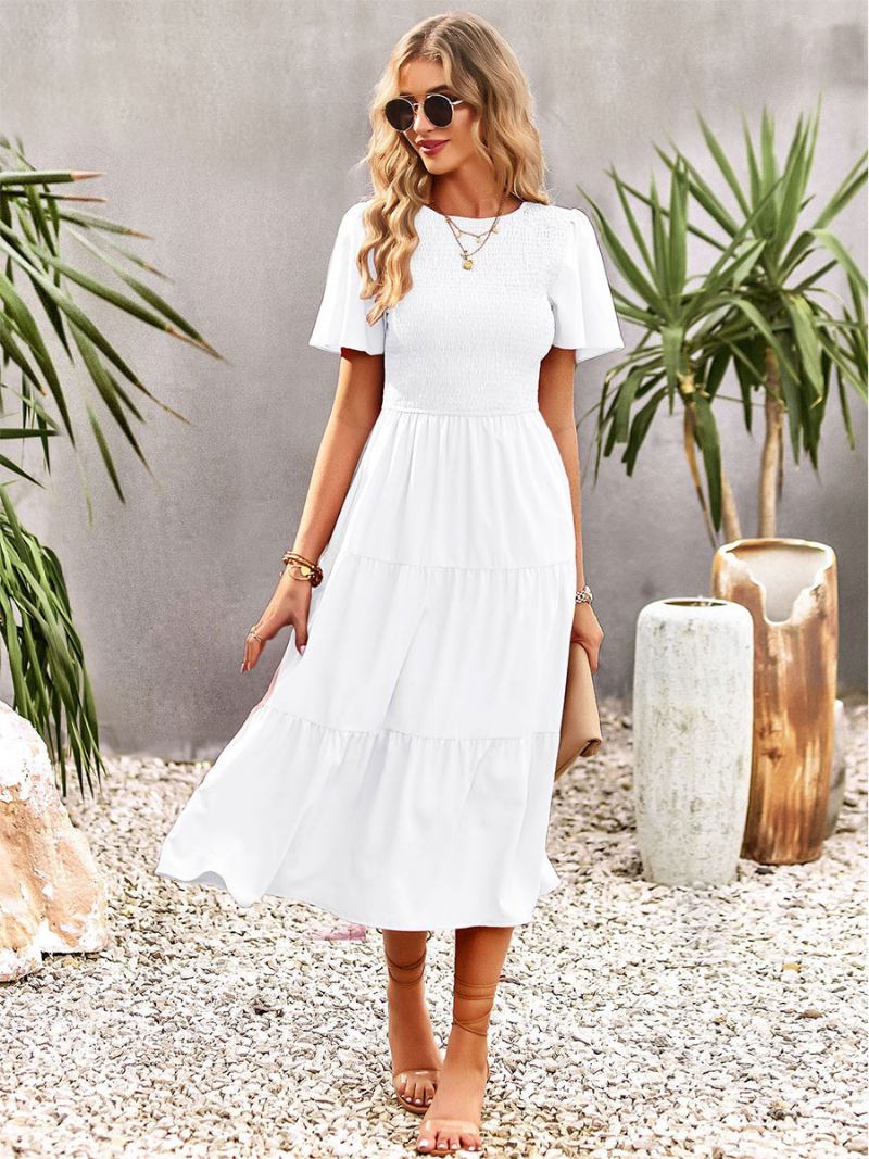 Vestido Midi Feminino Casual Com Gola Joia E Mangas Curtas - Branco