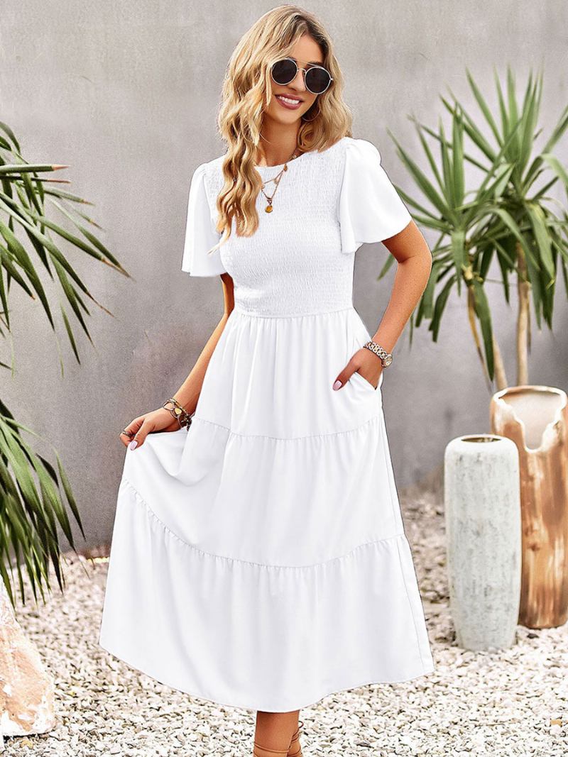 Vestido Midi Feminino Casual Com Gola Joia E Mangas Curtas - Branco