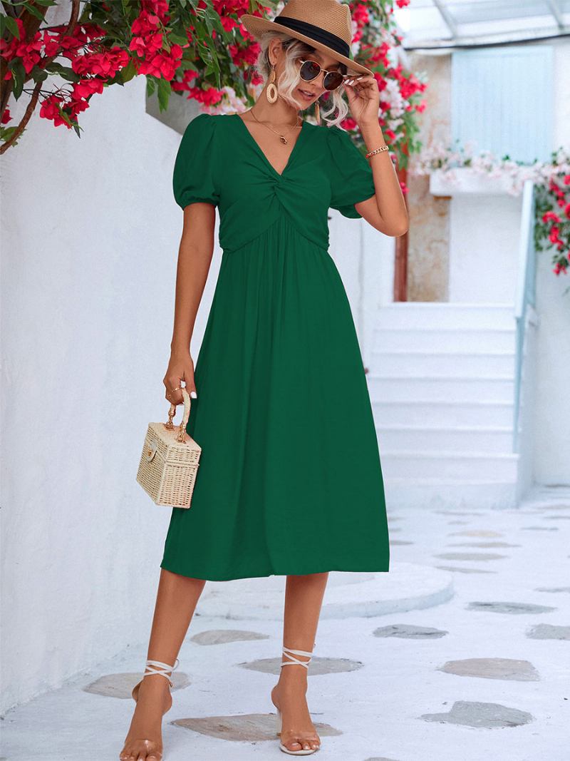 Vestido Midi Feminino Plissado Casual Com Decote Em V E Mangas Curtas - Verde