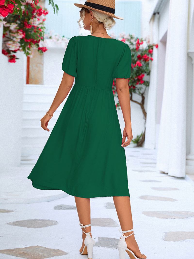 Vestido Midi Feminino Plissado Casual Com Decote Em V E Mangas Curtas - Verde