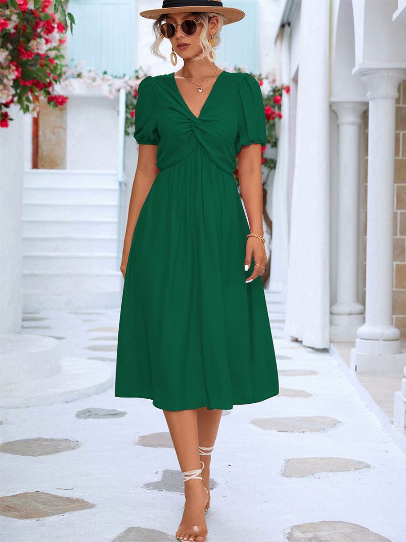 Vestido Midi Feminino Plissado Casual Com Decote Em V E Mangas Curtas - Verde