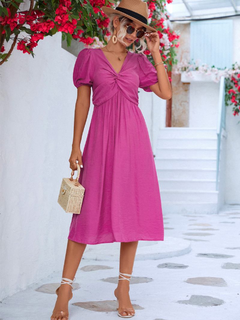 Vestido Midi Feminino Plissado Casual Com Decote Em V E Mangas Curtas - Rosa