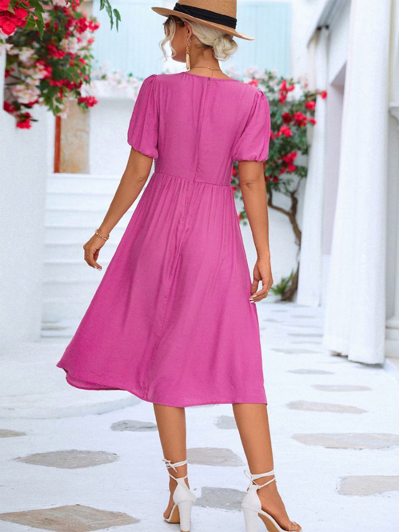 Vestido Midi Feminino Plissado Casual Com Decote Em V E Mangas Curtas - Rosa