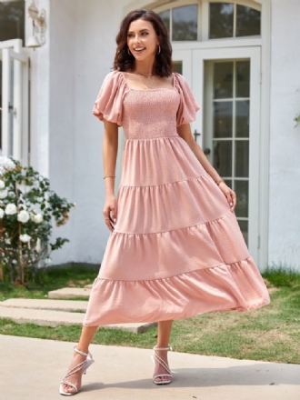 Vestido Midi Feminino Verão Rosa Bateau Gola Plissada Praia