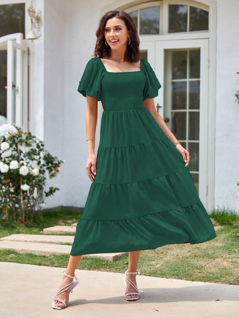 Vestido Midi Feminino Verão Rosa Bateau Gola Plissada Praia - Verde