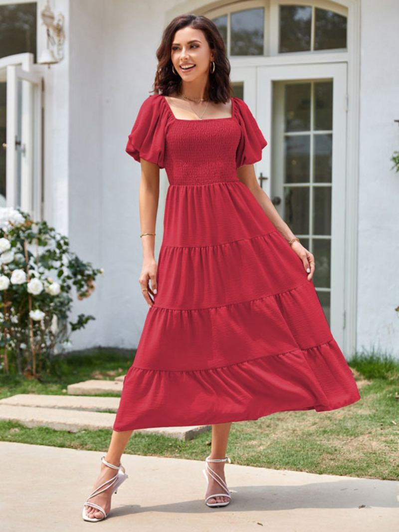 Vestido Midi Feminino Verão Rosa Bateau Gola Plissada Praia - Vermelho