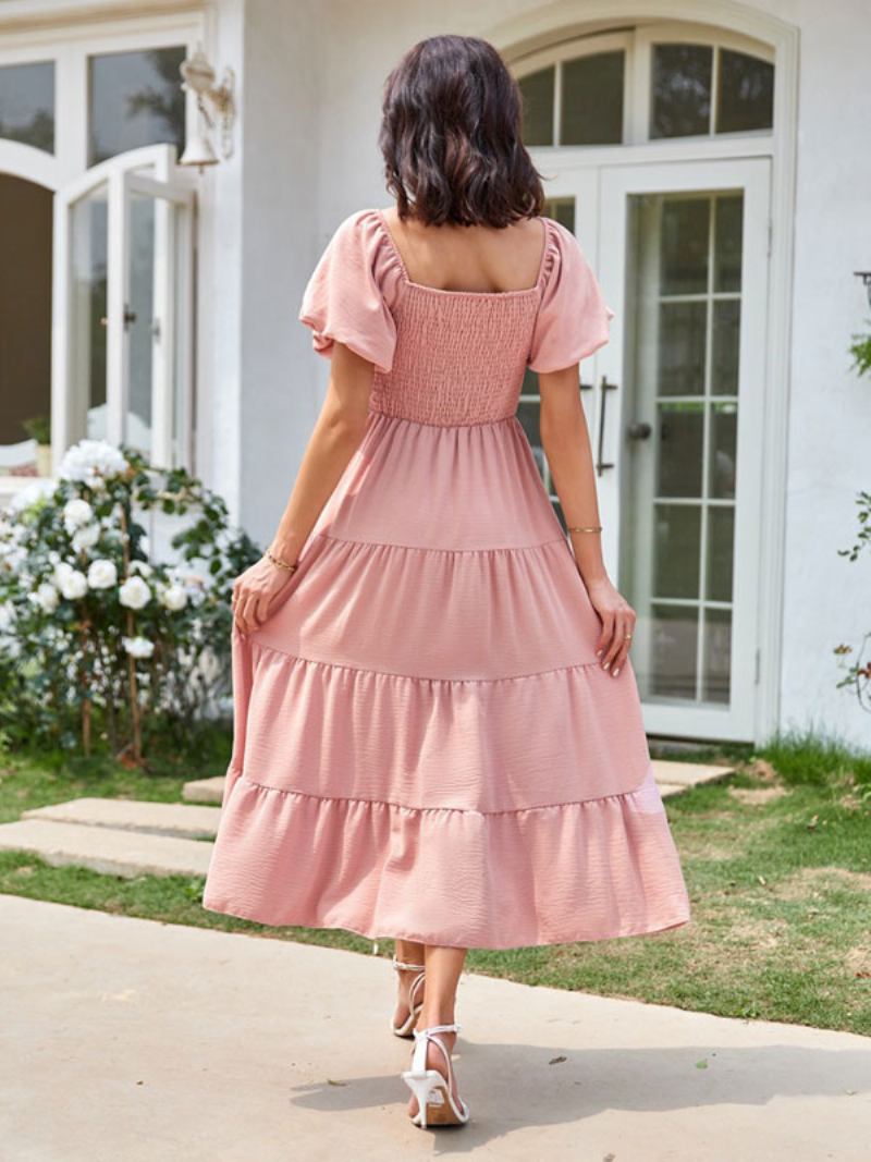 Vestido Midi Feminino Verão Rosa Bateau Gola Plissada Praia - Rosa