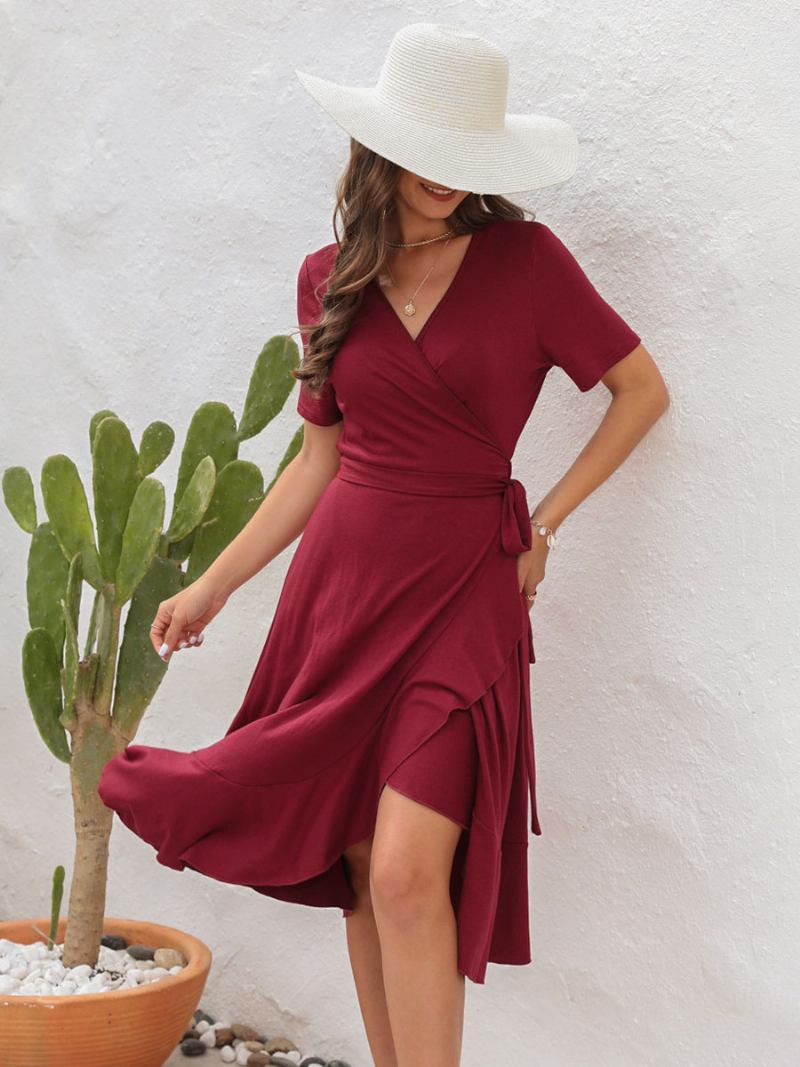 Vestido Midi Verão Feminino Vermelho Com Decote Em V Babados Praia