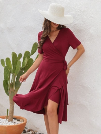 Vestido Midi Verão Feminino Vermelho Com Decote Em V Babados Praia