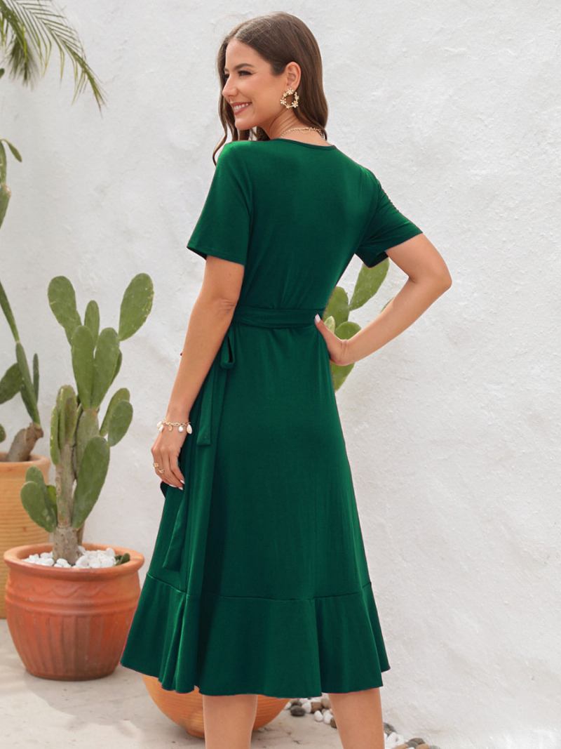 Vestido Midi Verão Feminino Vermelho Com Decote Em V Babados Praia - Verde