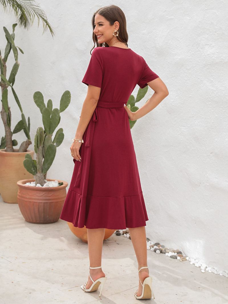 Vestido Midi Verão Feminino Vermelho Com Decote Em V Babados Praia - Vermelho