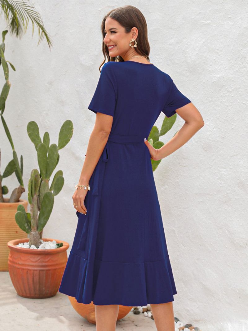 Vestido Midi Verão Feminino Vermelho Com Decote Em V Babados Praia - Azul