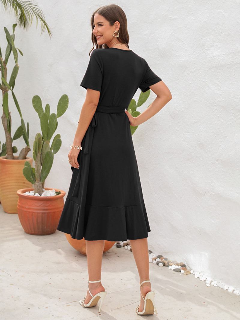 Vestido Midi Verão Feminino Vermelho Com Decote Em V Babados Praia - Preto