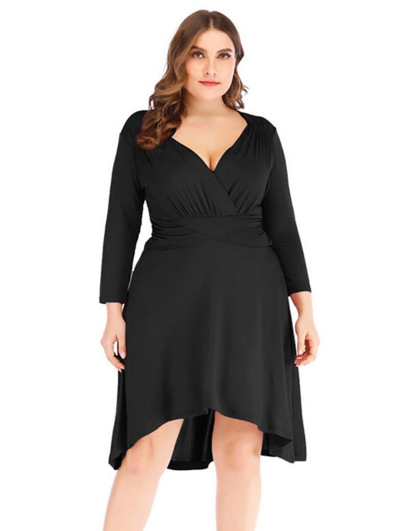 Vestido Plus Size Para Mulheres Preto Com Decote Em V 3/4 Comprimento Camiseta Mangas Na Altura Do Joelho Grande