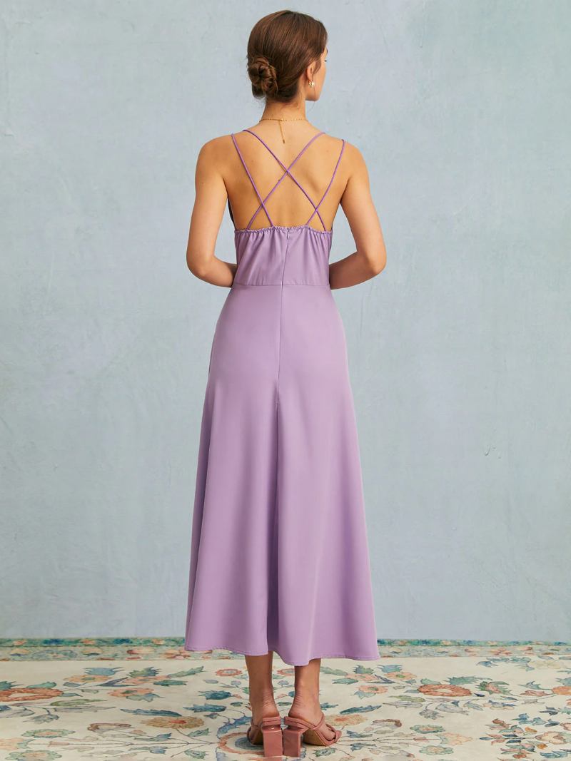 Vestido Preto Feminino Com Alças Finas Sem Mangas Plissado Vestidos Maxi Baile - Roxo