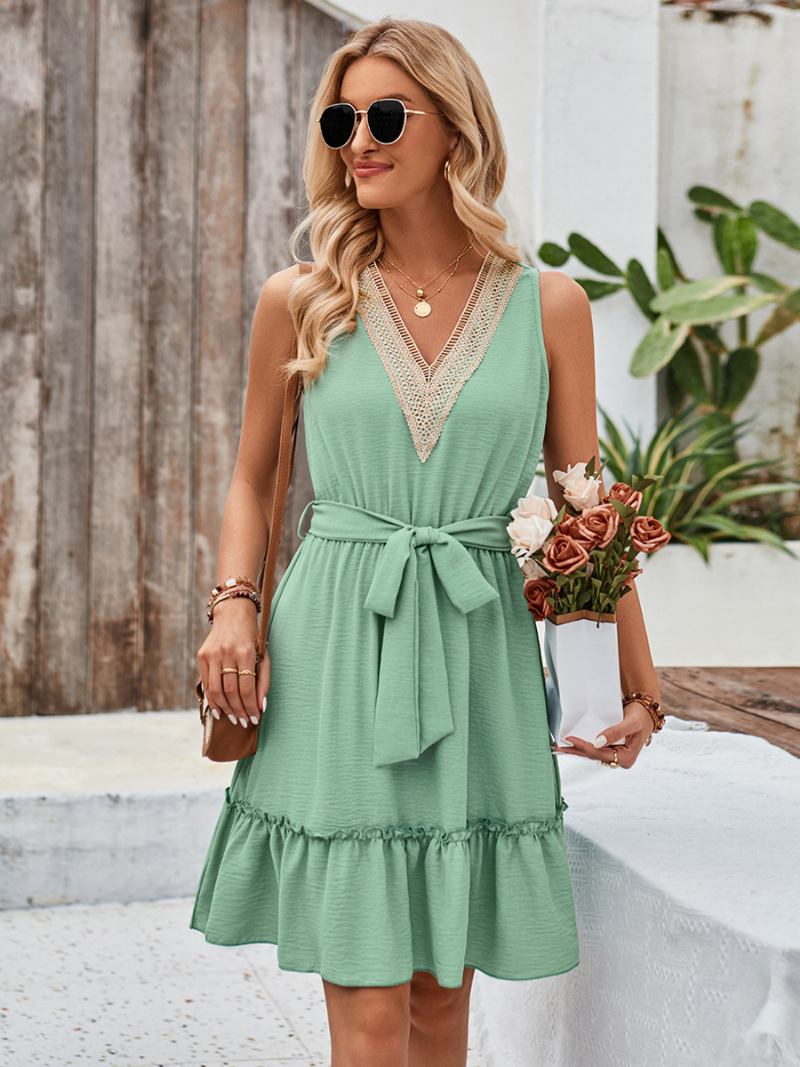 Vestido Verão Casual Feminino Com Decote Em V Oco Cinto Babados Camadas Praia Vestidos - Verde Claro