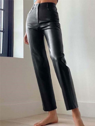 Calça Feminina Couro Pu Com Zíper Preto