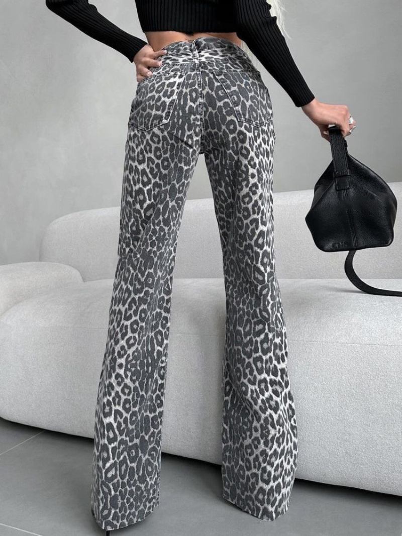 Calça Feminina Larga Com Estampa Leopardo Perna Cintura Alta Zíper Casual - Cinza Claro