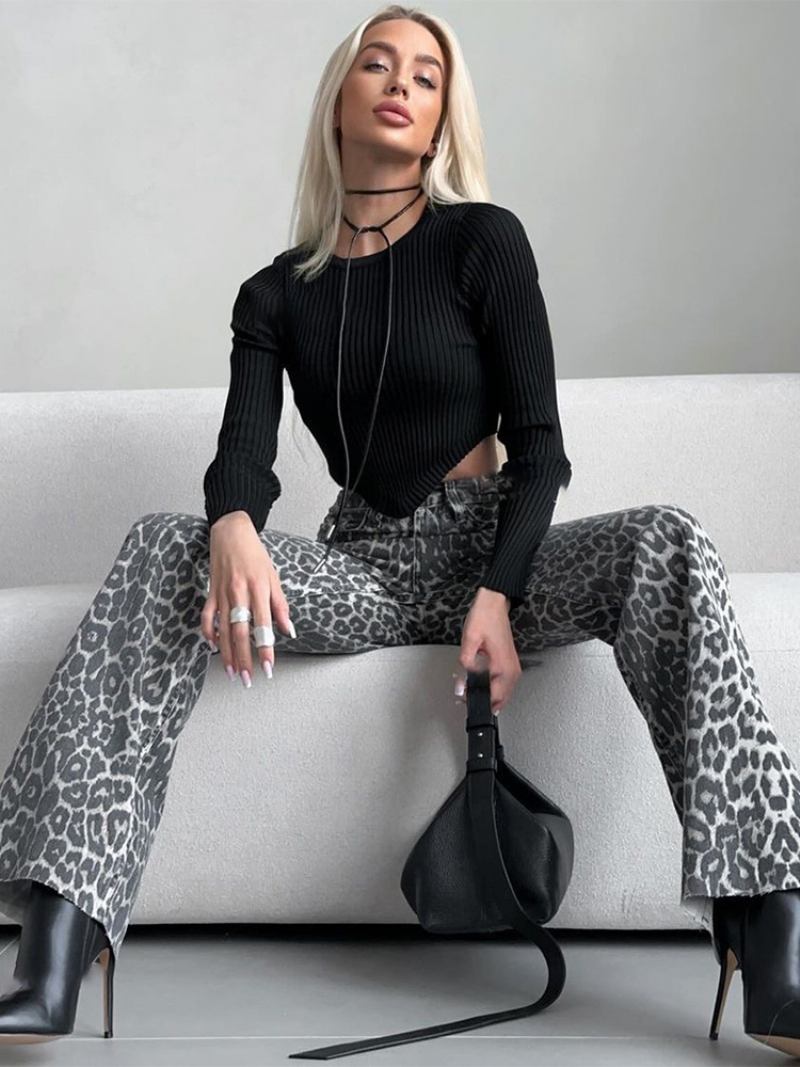 Calça Feminina Larga Com Estampa Leopardo Perna Cintura Alta Zíper Casual - Cinza Claro