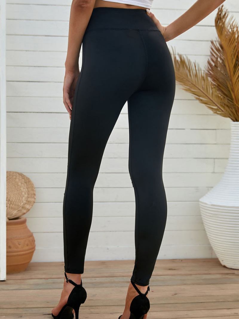 Calça Skinny Feminina Recorte Cintura Alta Casual Em Cor Sólida - Preto