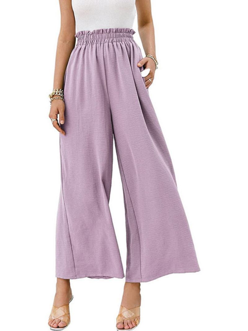 Calças Cortadas Linho Feminino Cintura Levantada Pernas Largas Verão Casuais - Roxo