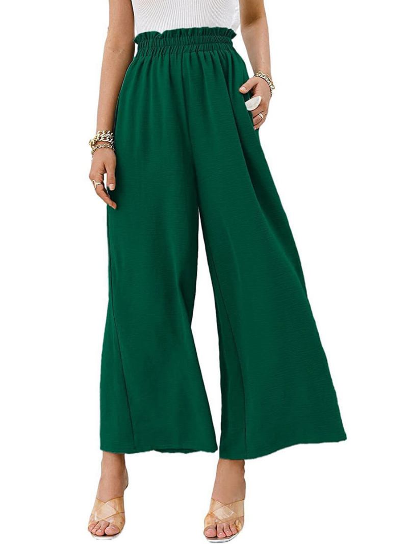 Calças Cortadas Linho Feminino Cintura Levantada Pernas Largas Verão Casuais - Verde Escuro