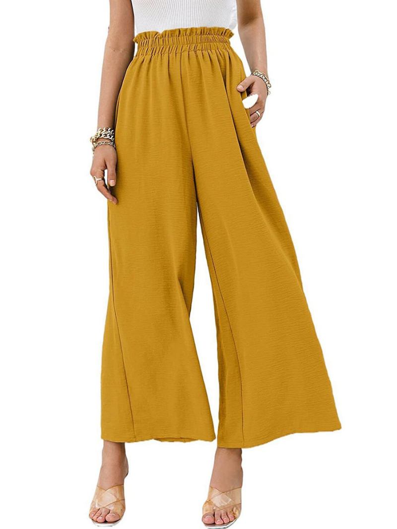 Calças Cortadas Linho Feminino Cintura Levantada Pernas Largas Verão Casuais - Amarelo