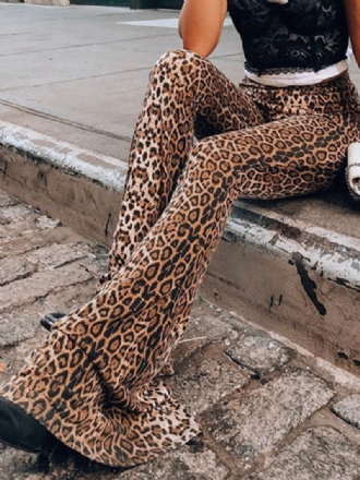 Calças Femininas Largas Com Estampa Leopardo Padrão Cintura Alta Algodão