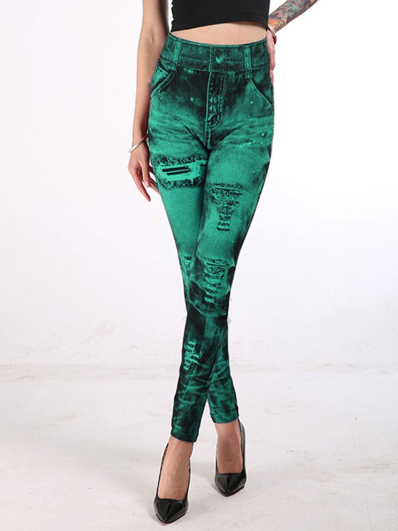 Leggings Cintura Alta Jeans Elásticos Como Parte Inferior Feminina - Verde