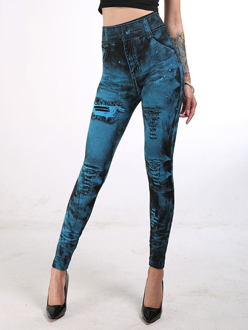 Leggings Cintura Alta Jeans Elásticos Como Parte Inferior Feminina - Azul Céu Claro