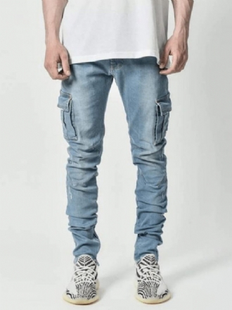 Calça Jeans Masculina Casual Desgastada Com Design Antigo Azul Céu Claro