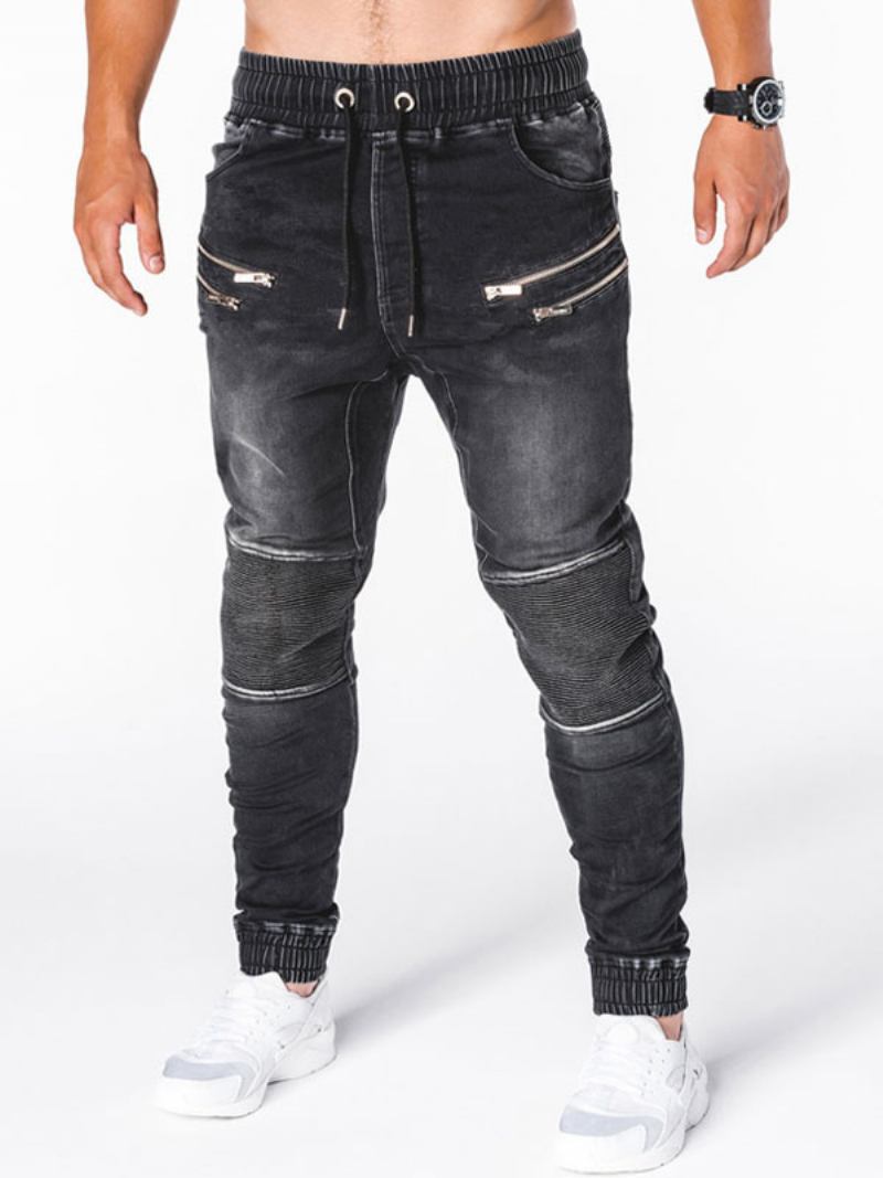 Calça Jeans Masculina Chique Desgastada Com Design Antigo Skinny Azul - Preto