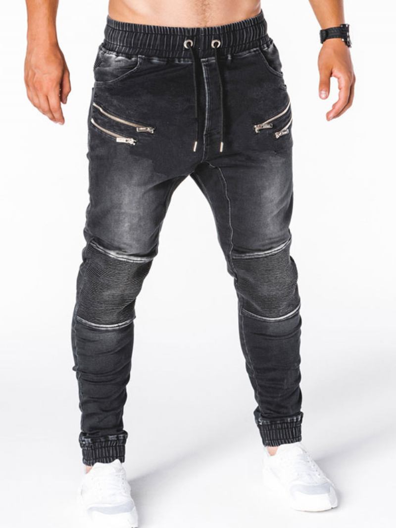 Calça Jeans Masculina Chique Desgastada Com Design Antigo Skinny Azul - Preto