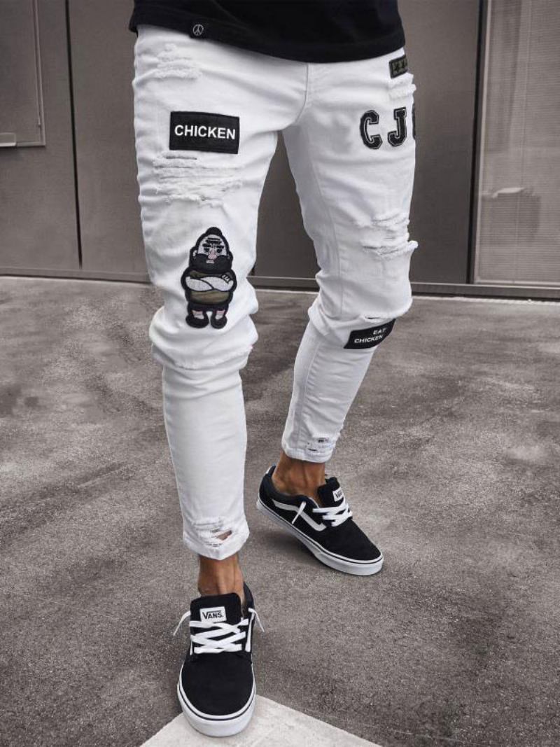 Calça Jeans Masculina Moda Chique Angustiado Design Antigo Skinny Branco Preto - Branco