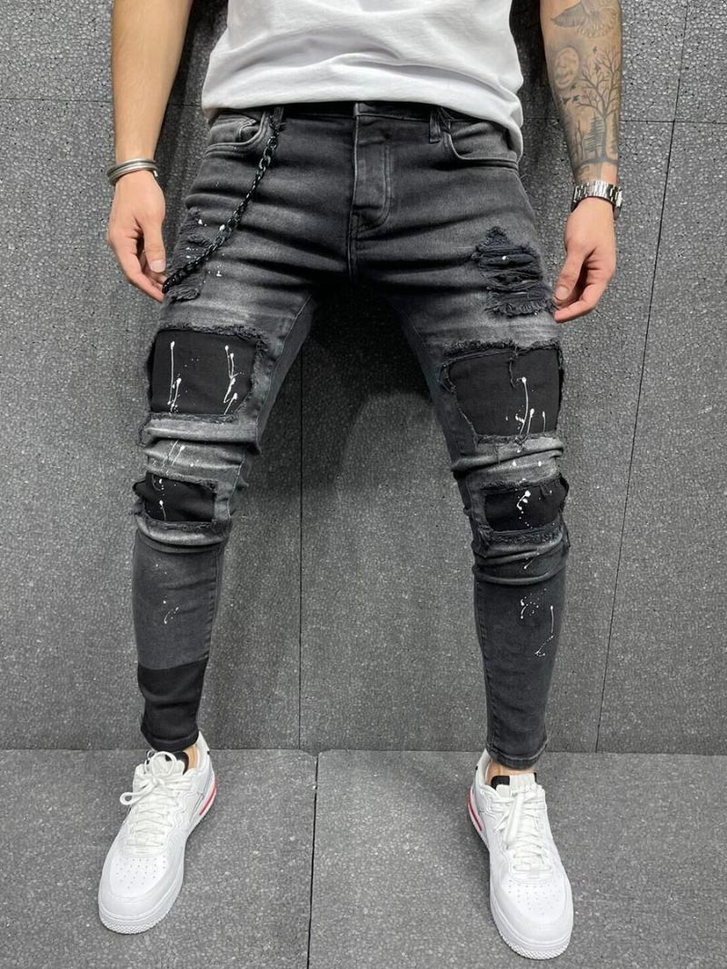 Calça Jeans Masculina Moda Chique Angustiado Design Antigo Skinny Preto