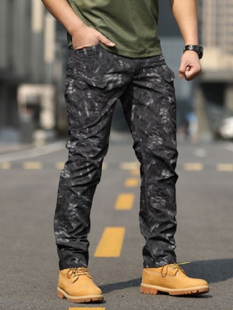 Calça Masculina Casual Camuflada Cintura Natural Cargo Reta Preta