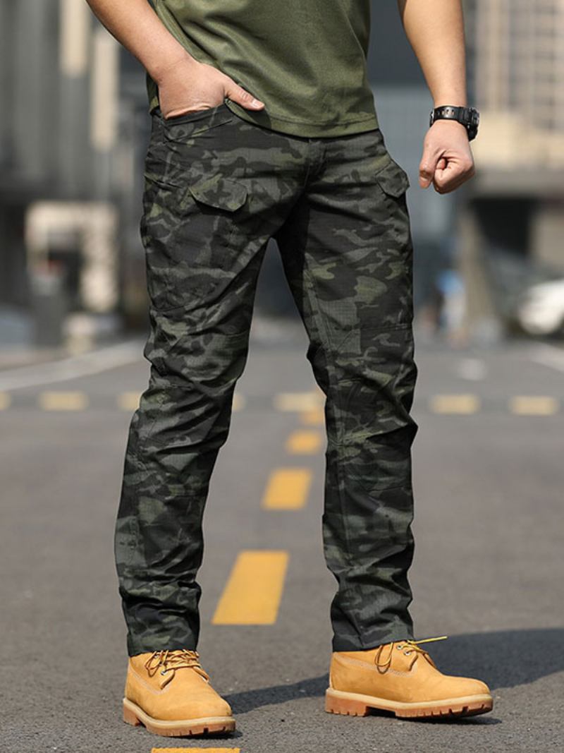 Calça Masculina Casual Camuflada Cintura Natural Cargo Reta Preta - Verde Escuro