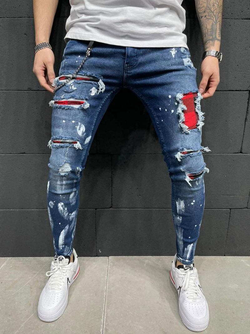 Calça Masculina Casual Desgastada Skinny Azul Profundo