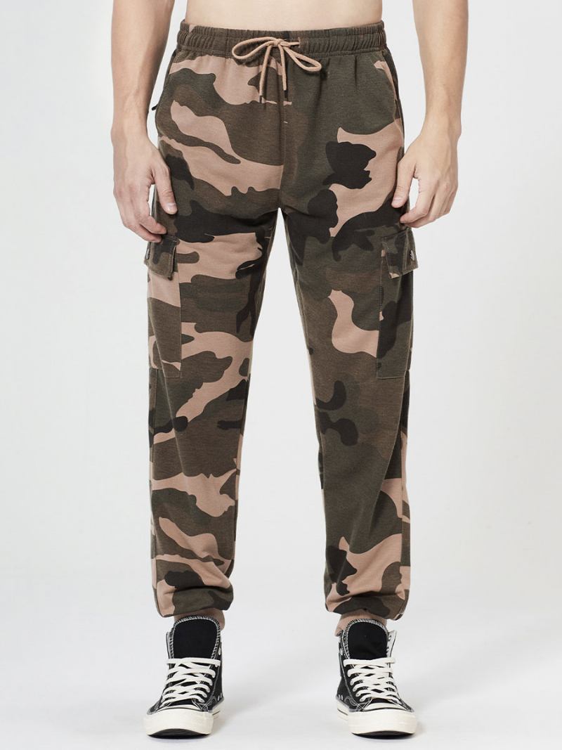 Calças Para Homens Casual Oversized Camuflagem Cintura Elevada Cônico Fit Masculinas - Cáqui