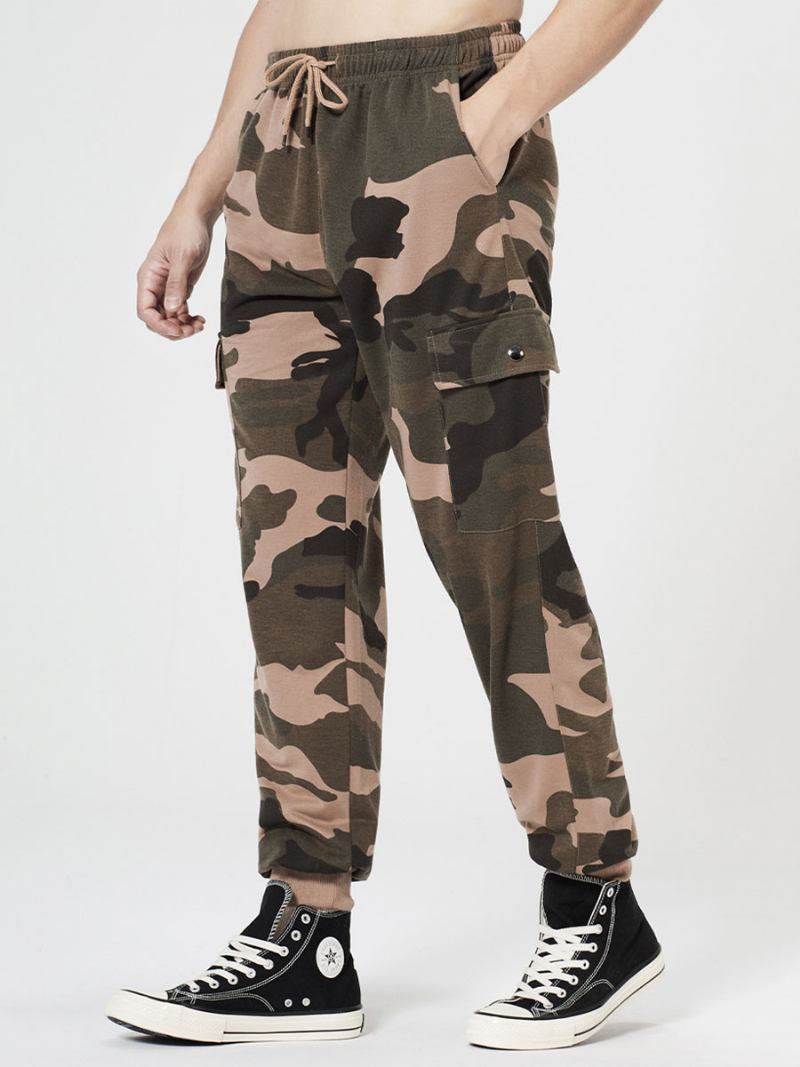 Calças Para Homens Casual Oversized Camuflagem Cintura Elevada Cônico Fit Masculinas - Cáqui