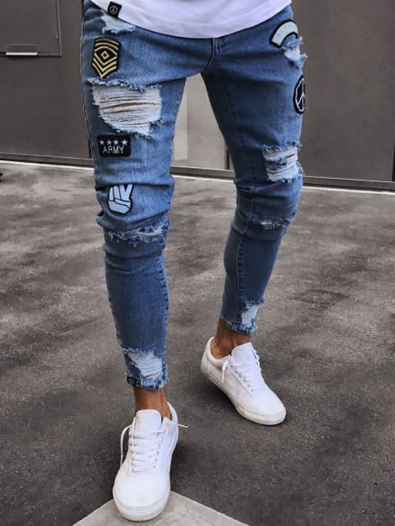 Jeans Masculinos Para Homens Chique Angustiado Design Antigo Magro Luz Céu Azul Profundo