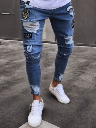 Jeans Masculinos Para Homens Chique Angustiado Design Antigo Magro Luz Céu Azul Profundo