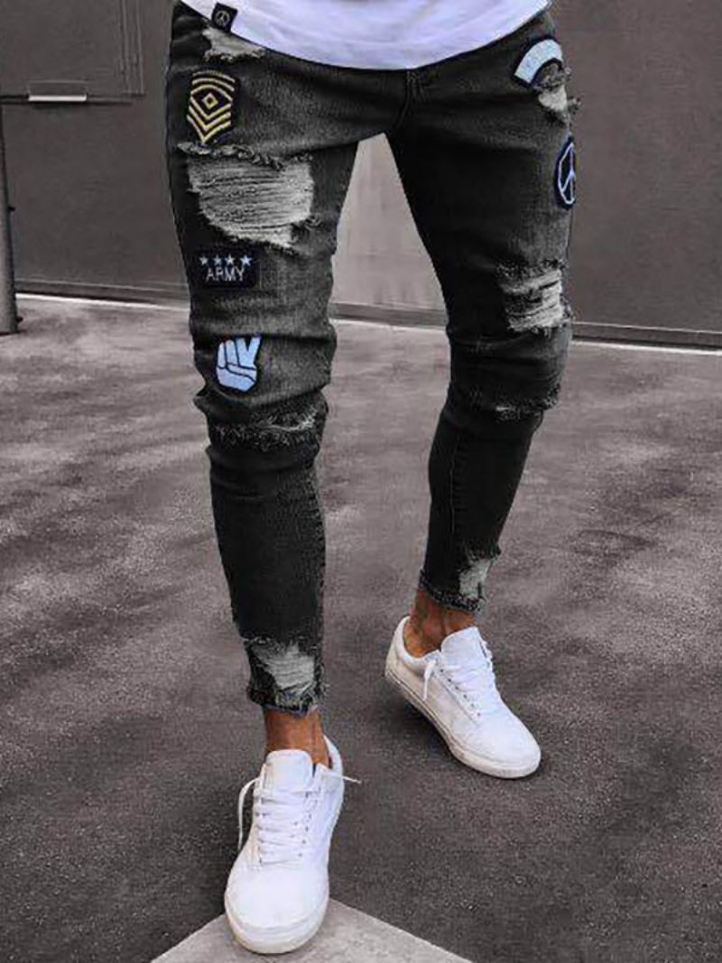 Jeans Masculinos Para Homens Chique Angustiado Design Antigo Magro Luz Céu Azul Profundo - Preto