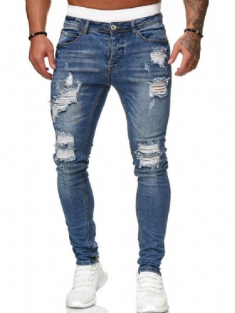 Jeans Masculinos Para Homens Chiques Angustiados Design Antigo Magro Profundo Azul